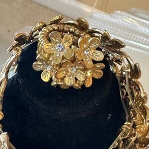 Faux brush gold and crystal matching floral bracelet and ring set